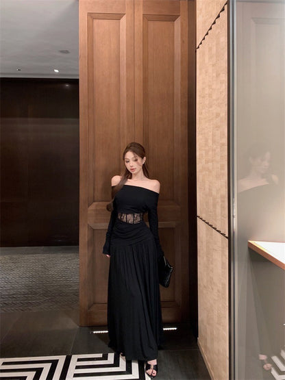 Mar. 香軟Crush 設計感一字領魚骨縷空上衣 褶皺飄逸半身裙 黑