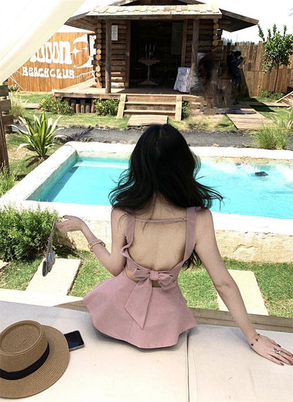 25Oct. 韓系氧氣少女粉色蝴蝶結背心/中腰修身褲裙