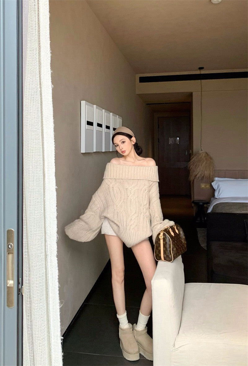 25Dec. Romantic慵懶純慾vibe一字領麻花針織上衣 卡