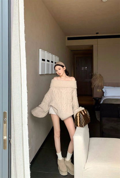 25Dec. Romantic慵懶純慾vibe一字領麻花針織上衣 卡