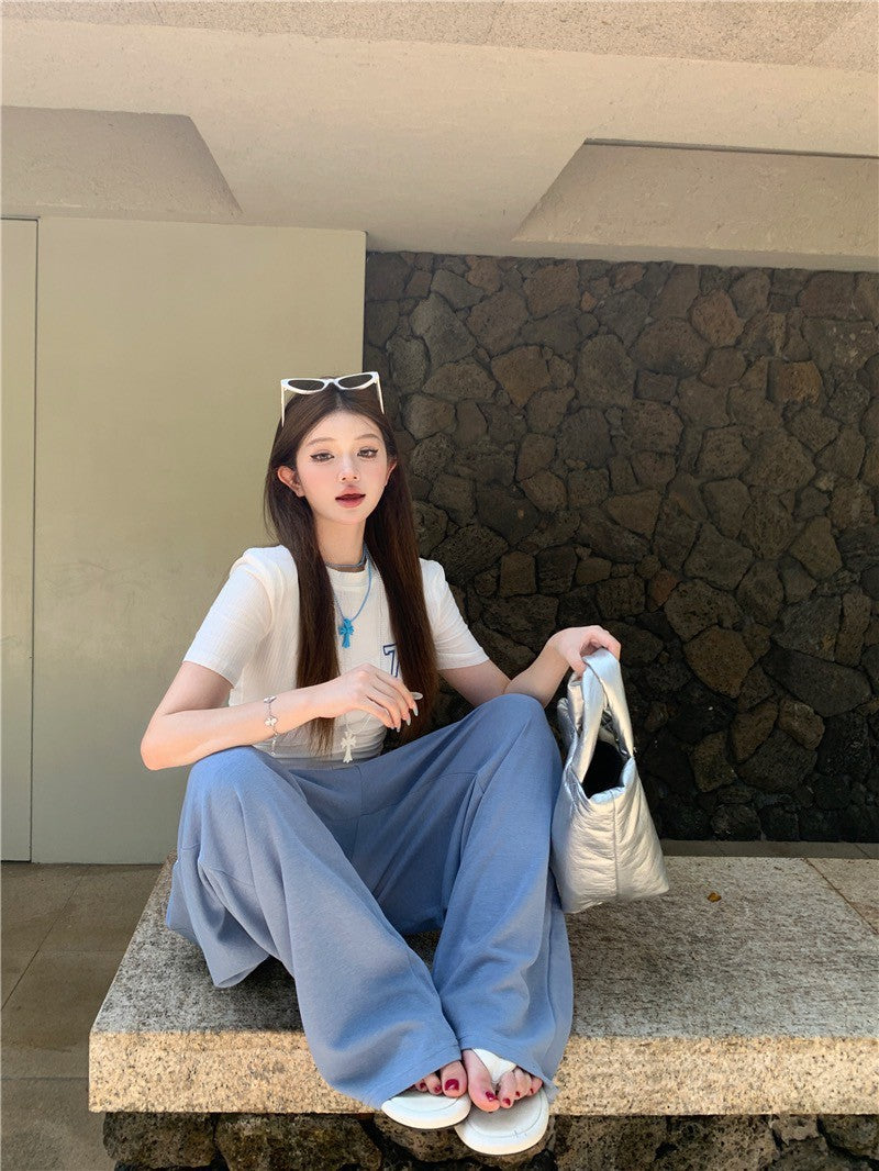 May. 辣妹夏日顯瘦正肩上衣 運動休閒拼接設計休閒褲 藍