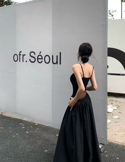 Jun. 溫柔通勤可調肩拼接連身裙 黑色