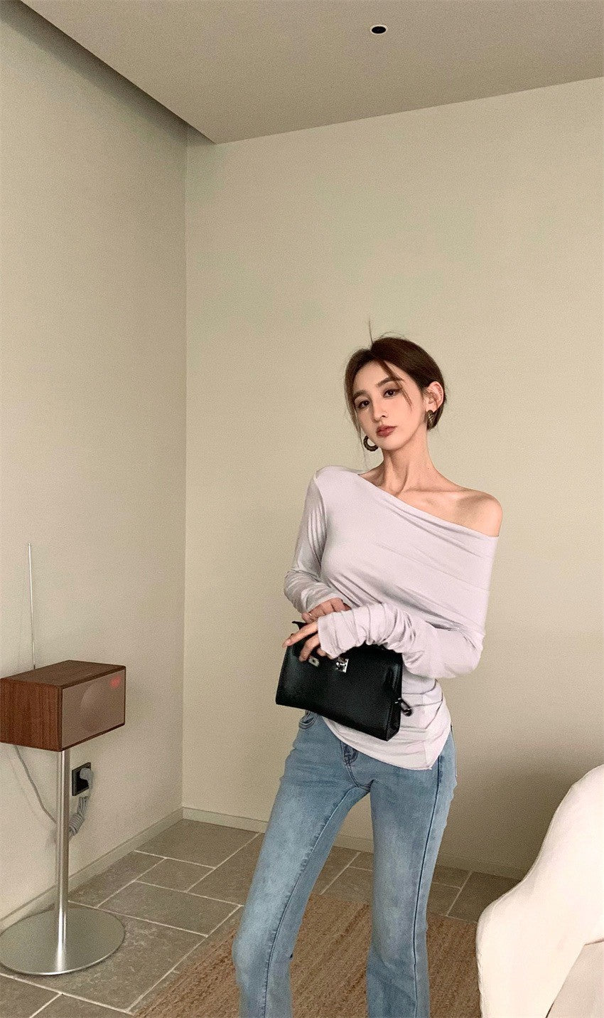 25Jul. 復古熱潮 斜肩彈力面膜踢 淺灰/黑