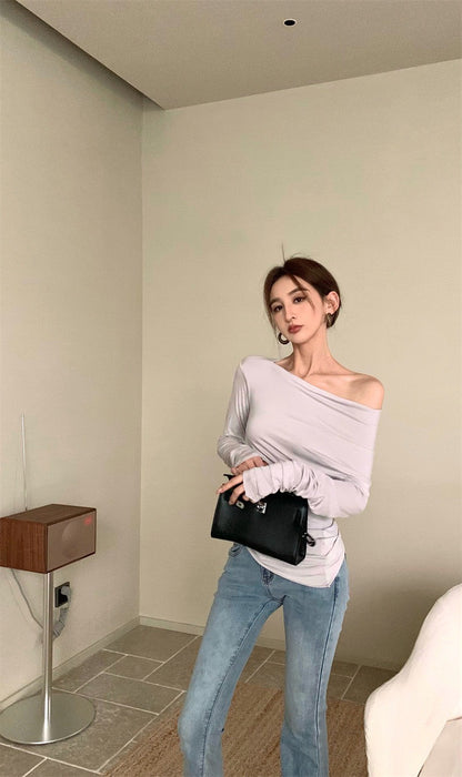 25Jul. 復古熱潮 斜肩彈力面膜踢 淺灰/黑