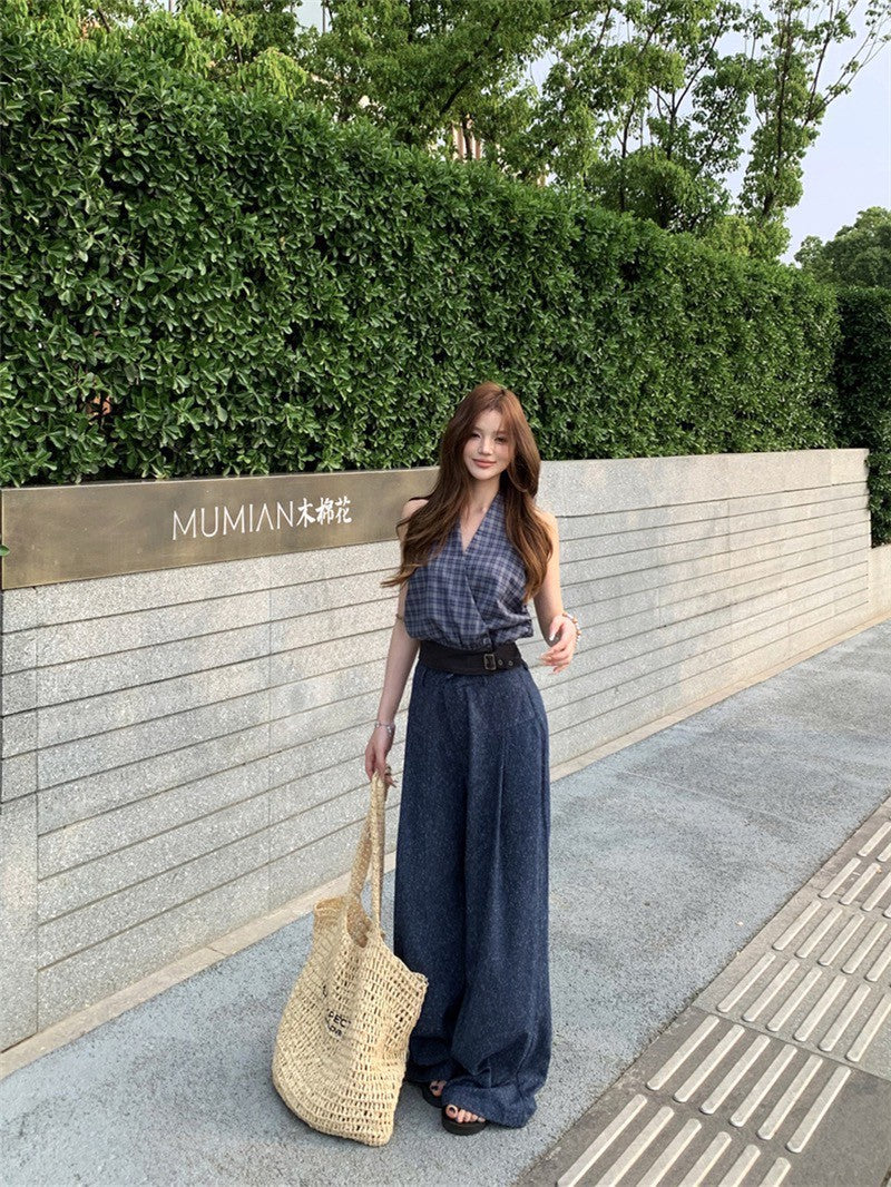 Jun. Spicy辣妹私服 復古格紋掛脖上衣 高腰休閒褲