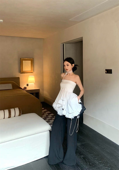 May. 布達佩斯 優雅不規則拼接垂墜抹胸 附蕾絲繞脖