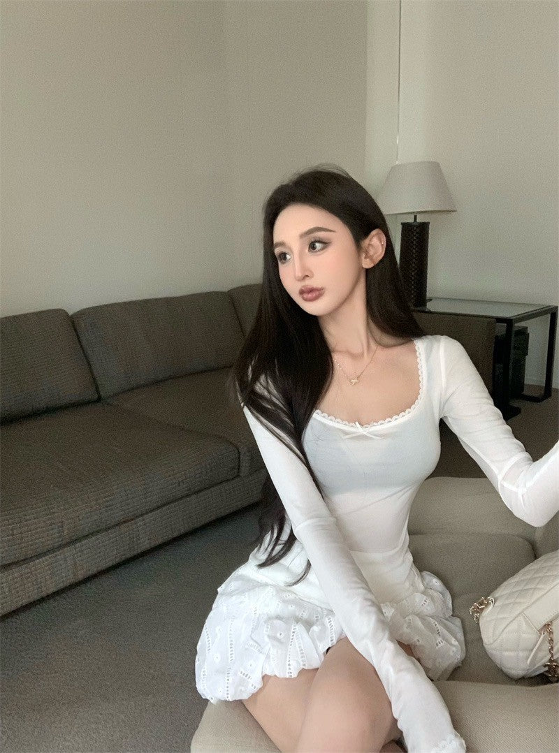 Jun. 奶椰泡泡 薄款芭蕾風打底上衣 花苞半身裙 白