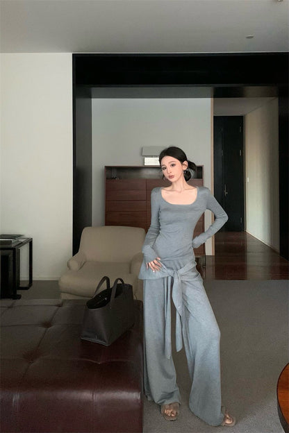 May. Lu系紙片系列 大U領上衣假兩件式綁帶休閒褲套裝 灰