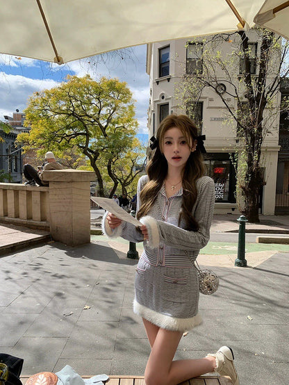 25Nov. 25B粉藍花楹 氣質織紗袖針織半身裙套裝 藍