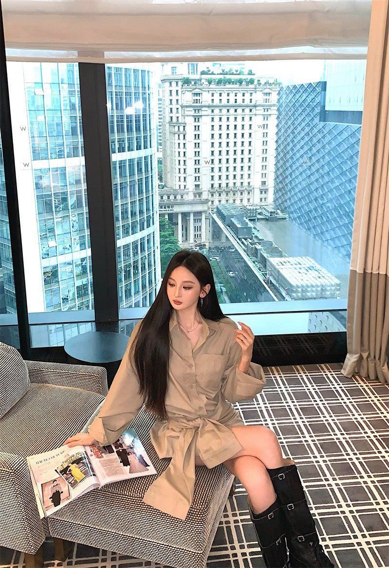 25Nov. 愛逗私服慵懶個性繫帶式襯衫裙 卡其