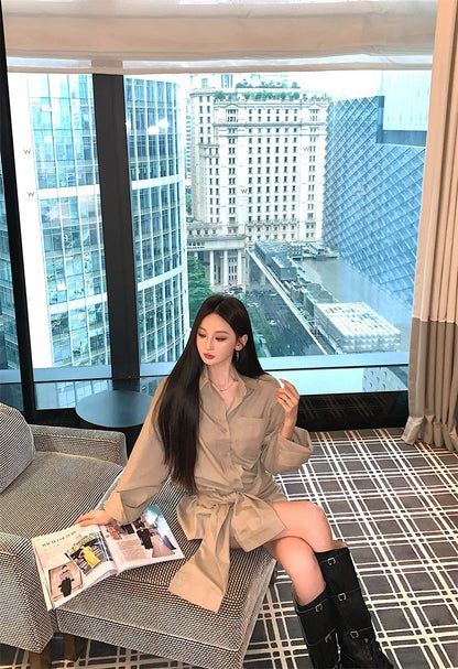 25Nov. 愛逗私服慵懶個性繫帶式襯衫裙 卡其
