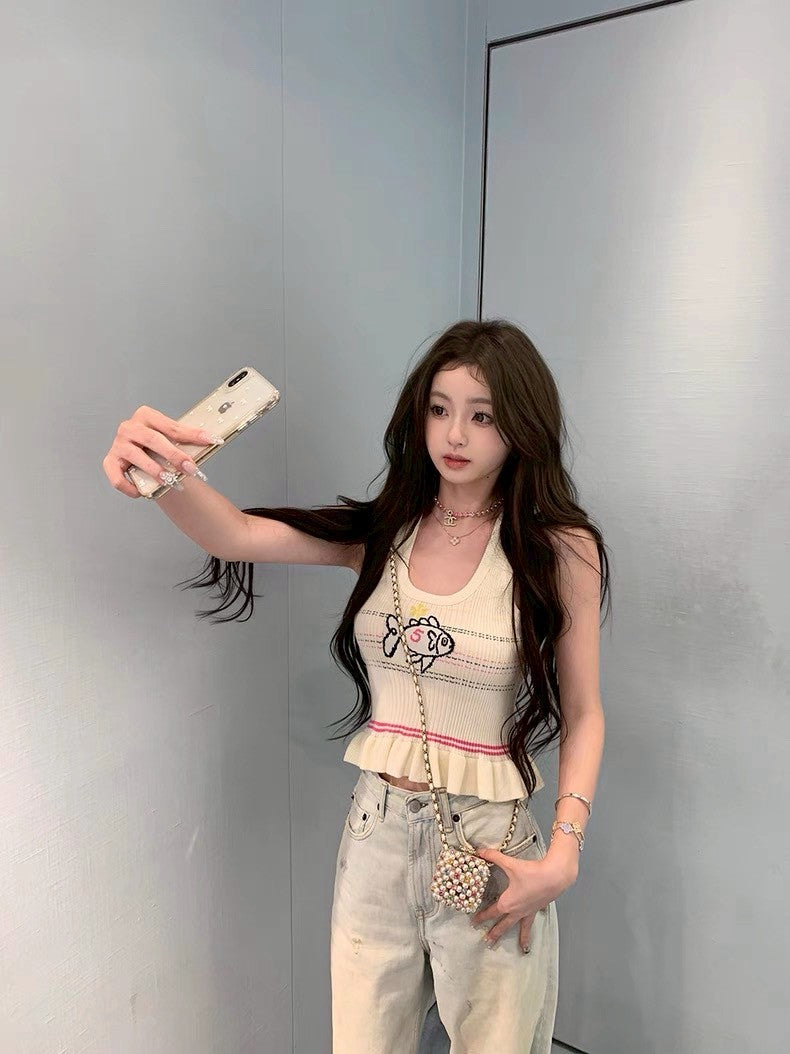 Jun. 童趣魚兒刺繡 收腰花瓣針織背心 杏