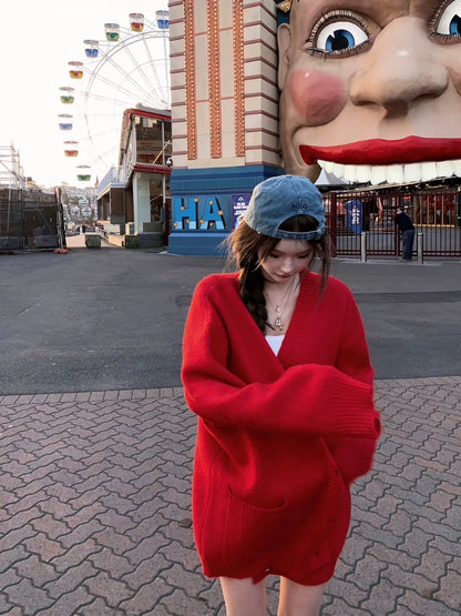 Mar. 日落海港 率性十字logo印花針織外套 紅/黑