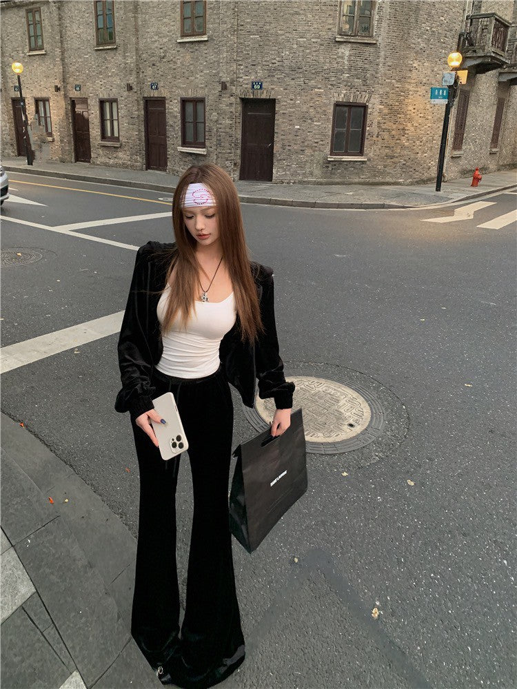 May. 復古disco 休閒黑色絲絨連帽外套 微喇叭休閒褲