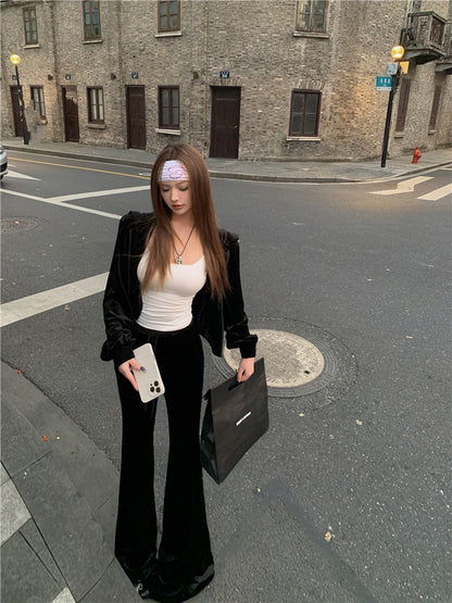 May. 復古disco 休閒黑色絲絨連帽外套 微喇叭休閒褲