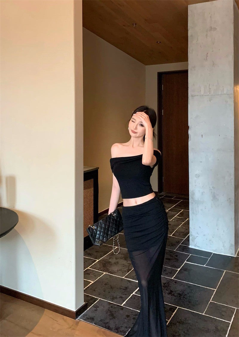 Jun. 淺辣girl 復古一字領透紗半身裙套裝 黑