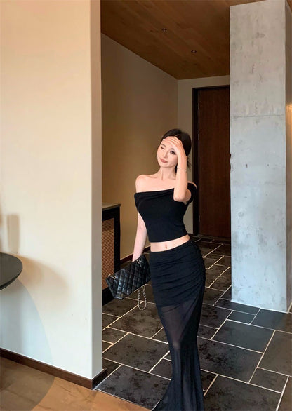 Jun. 淺辣girl 復古一字領透紗半身裙套裝 黑