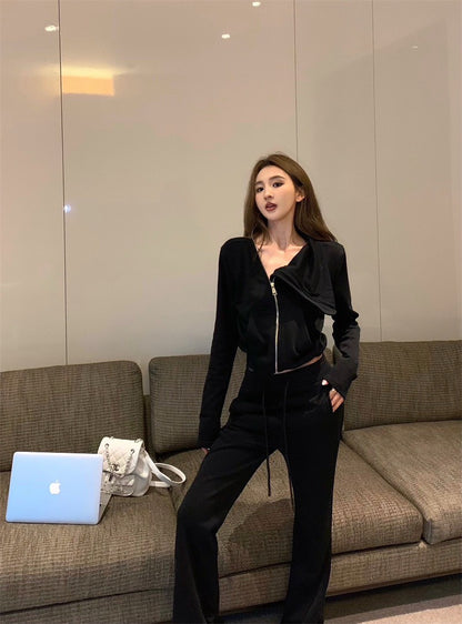 25Jul. 美式休閒 不規則拉鍊立領外套 黑色休閒褲