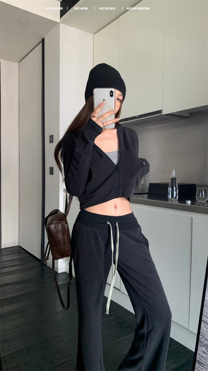 25Jul. 韓系休閒遛噠連帽短外套 抽繩喇叭褲 深灰