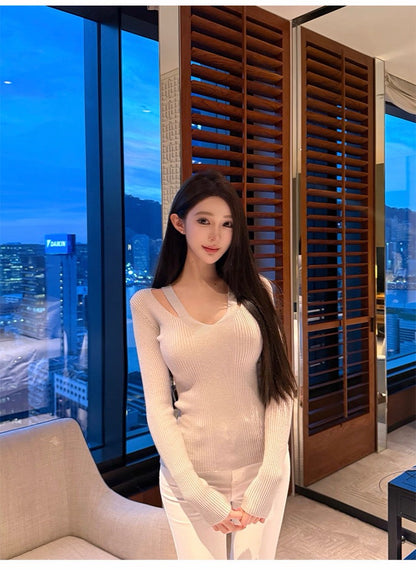 26Jan. 溫柔女人法式設計v領假兩件針織上衣 灰