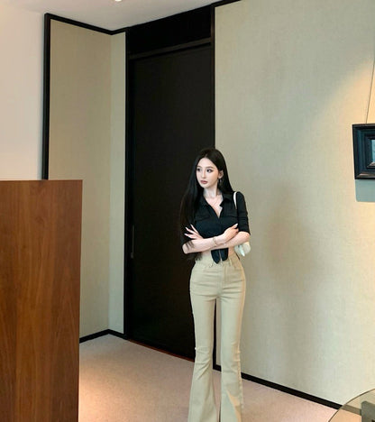 Jun. 辣復古 綁帶短款襯衫 黑 高腰卡其修身喇叭褲