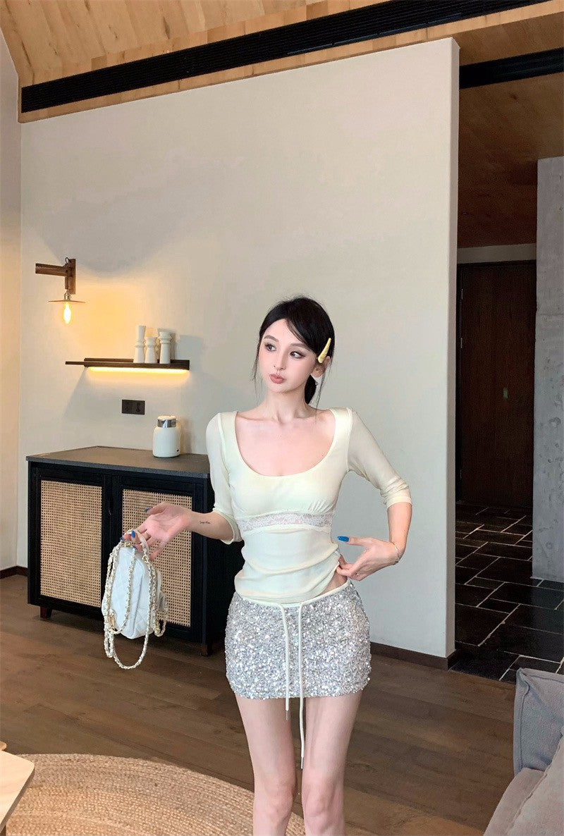 26Jun. 少女分割 蕾絲純慾拼接U領上衣 奶杏/黑