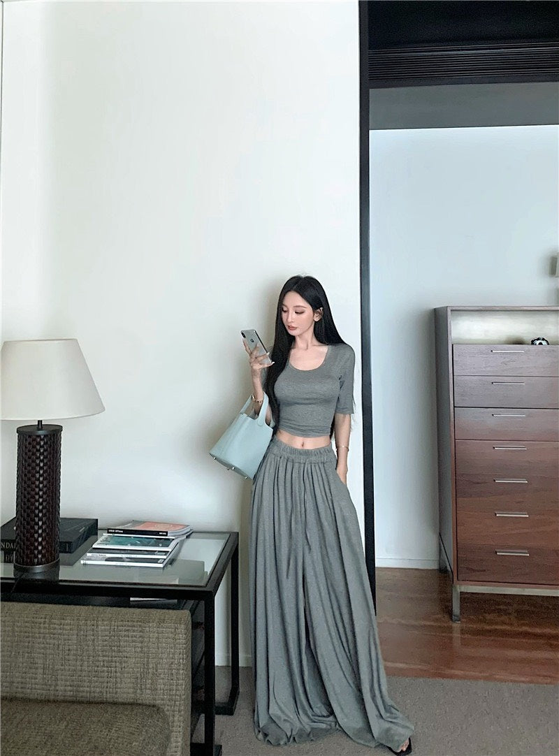 Jun. 溫柔小姊姊U領顯瘦鬆緊垂墜休閒褲套裝 灰