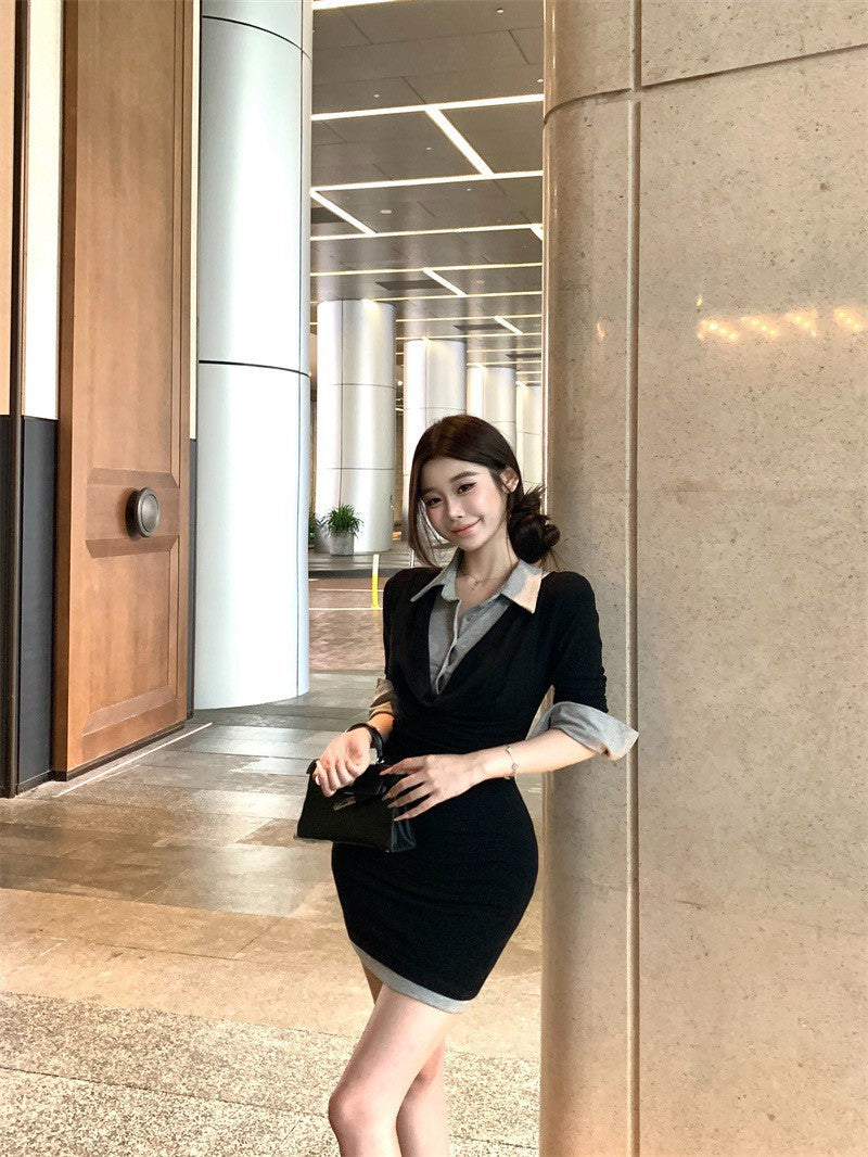 26Jan. 通勤百搭學院假兩件式襯衫連身裙
