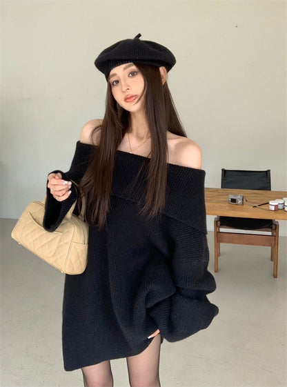 Oct. 簡約一字領針織長版毛衣 黑