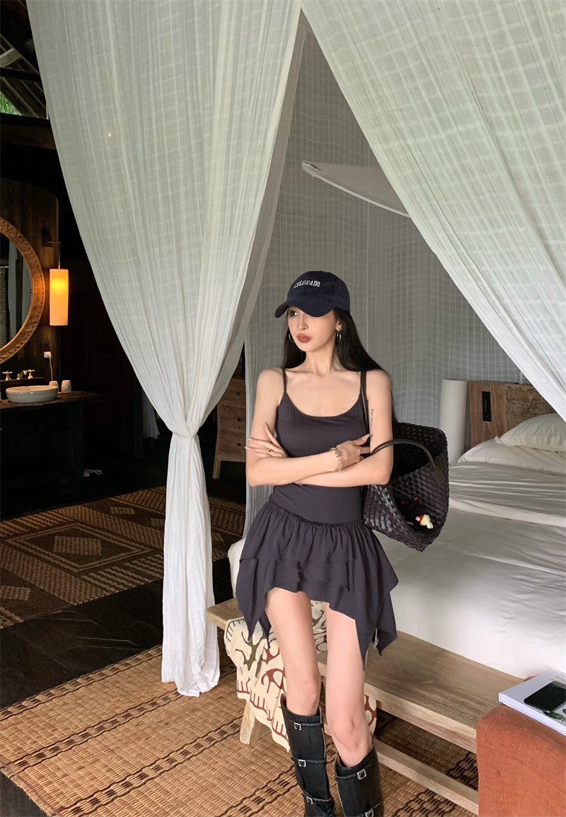 May. 歐美土廢風 少女背心拼接蛋糕連身裙 灰