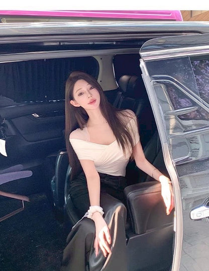 May. 盈盈月光 氣質慵懶性感肩頸線網紗一字領上衣 白