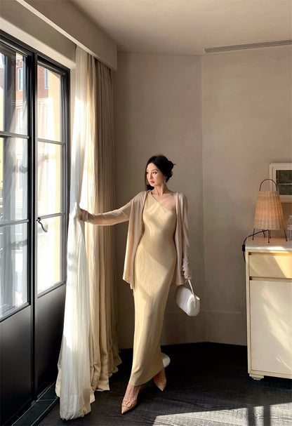 25Nov. 嫩奶黃氣質針織斜領連身裙 防曬開衫