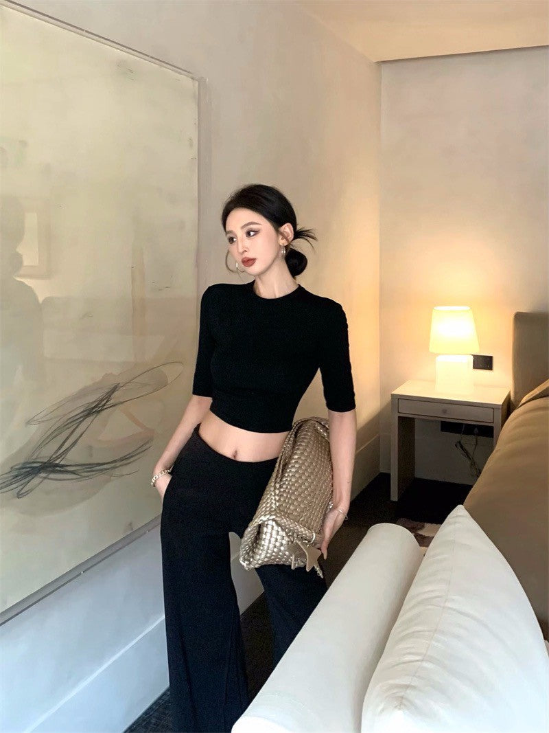 May. 極簡office siren高智修身五分袖上衣  設計款西裝休閒褲 黑