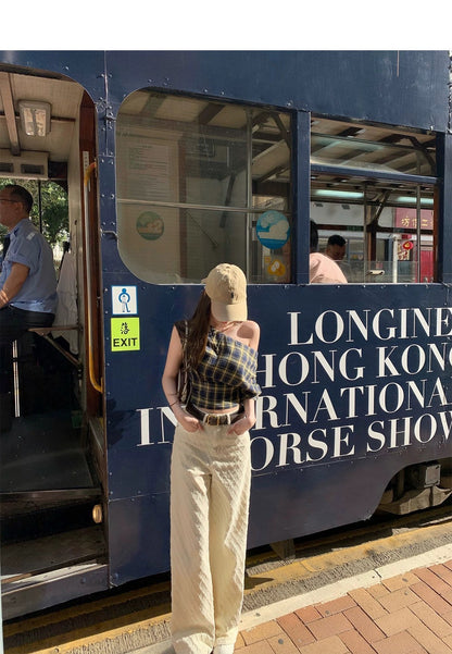 Jun. 本命奶白色菱格小香直筒褲