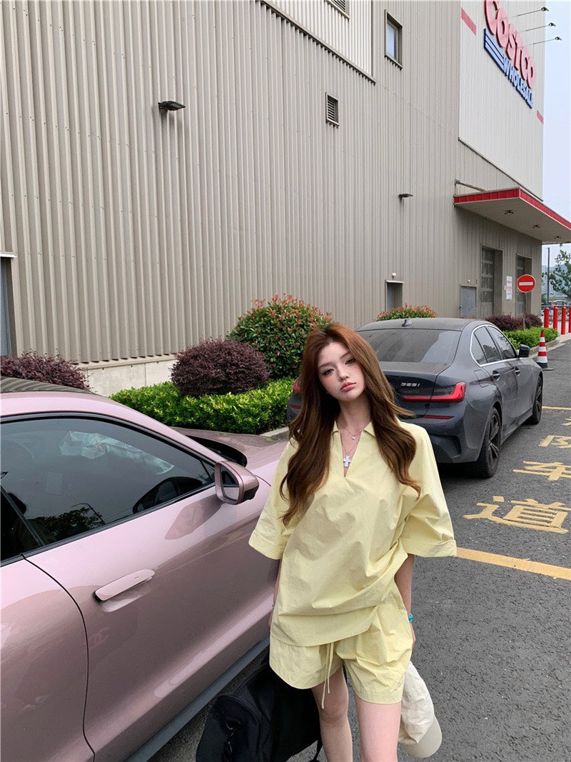 Jun. 街頭素描極簡淡人系列row襯衫上衣 短褲 奶黃
