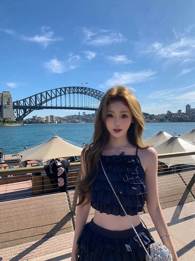 25Nov. 可鹽可甜俏皮千層荷葉半身裙套裝 藏藍