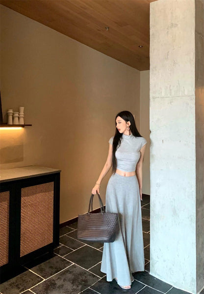 Jun. 簡約歐美 基礎色正肩彈力上衣傘狀半身裙套裝 灰