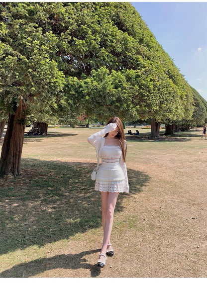 25Oct. 氣質浮雲立體縷空針織連身裙套裝 白