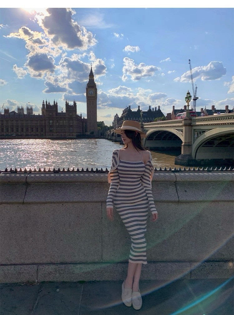 25Oct. 條紋公式溫柔高彈針織連身裙套裝