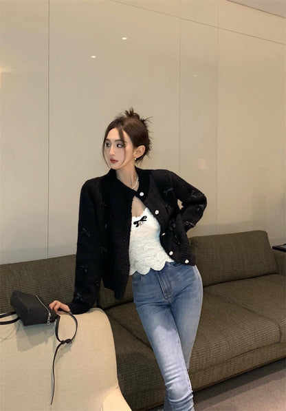 Feb. 萬年不敗 手工縫製蝴蝶結排扣圓領外套 黑/灰