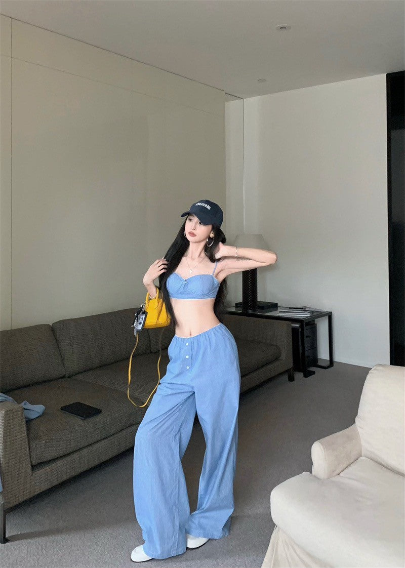 Jun. 慵懶霧透簡約條紋輕氧夏日3件套 藍