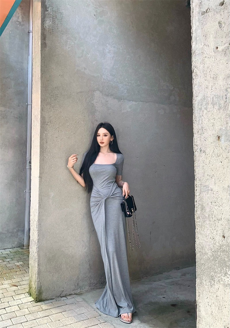 25Aug. 舒適性休閒方領綁帶遮肉肉連身裙 灰/黑