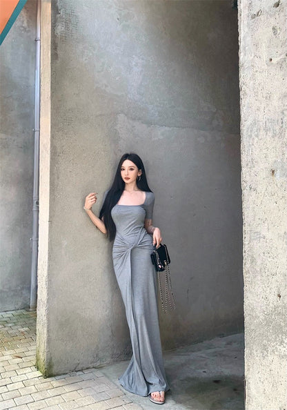 25Aug. 舒適性休閒方領綁帶遮肉肉連身裙 灰/黑