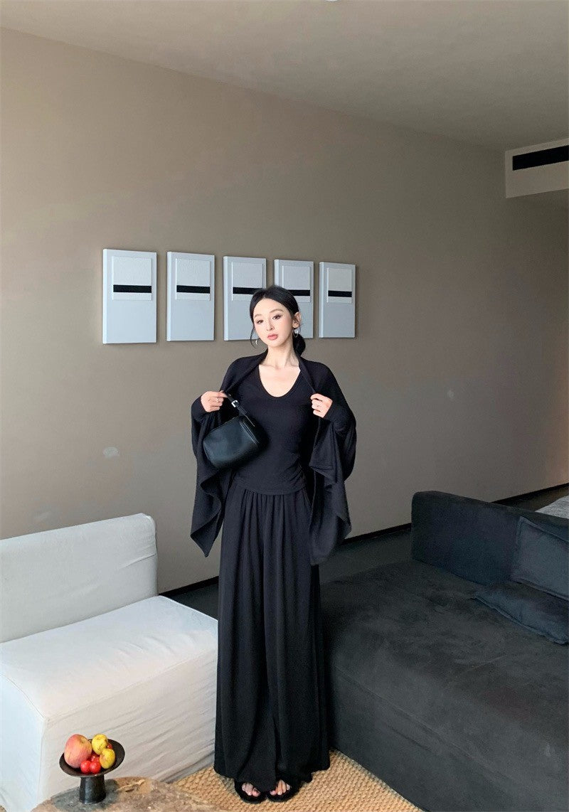 25Dec. 舒適至上多用式披肩U領長袖打底休閒褲三件套 黑