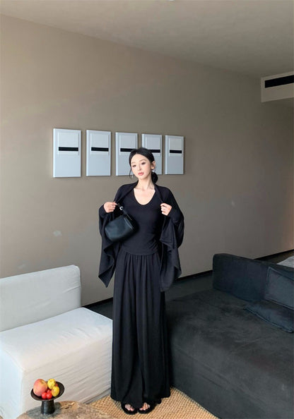 25Dec. 舒適至上多用式披肩U領長袖打底休閒褲三件套 黑