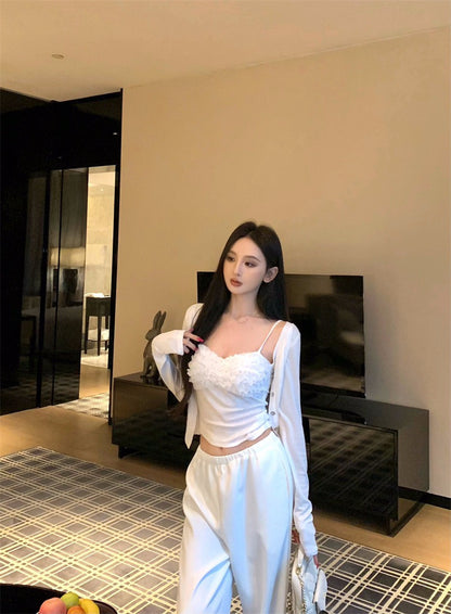 25Nov. 花邊少女顯瘦背心開衫2件組 白色鬆緊休閒褲