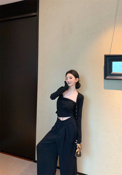 Jun. Origin 自然老錢 不規則抹胸高腰闊腿褲套裝 黑