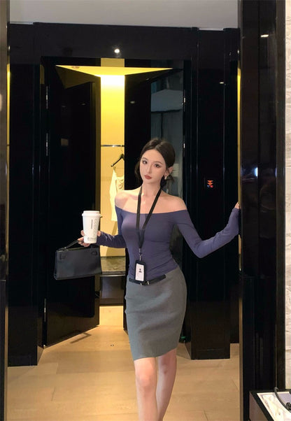 25Nov. 魅惑肩線一字領彈力長袖上衣 寶藍/卡其