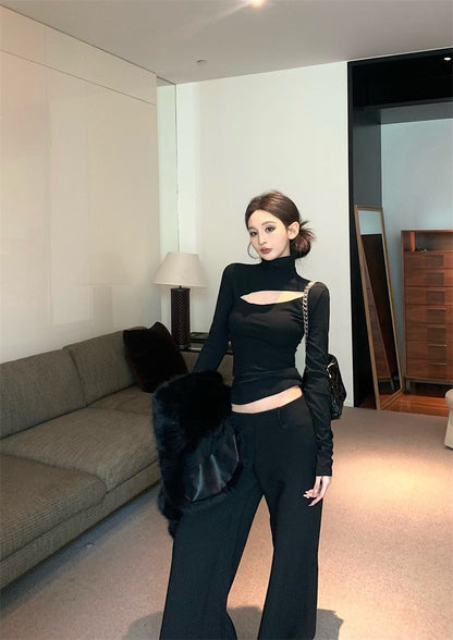 Jan. 設計感縷空疊穿高領打底上衣 黑