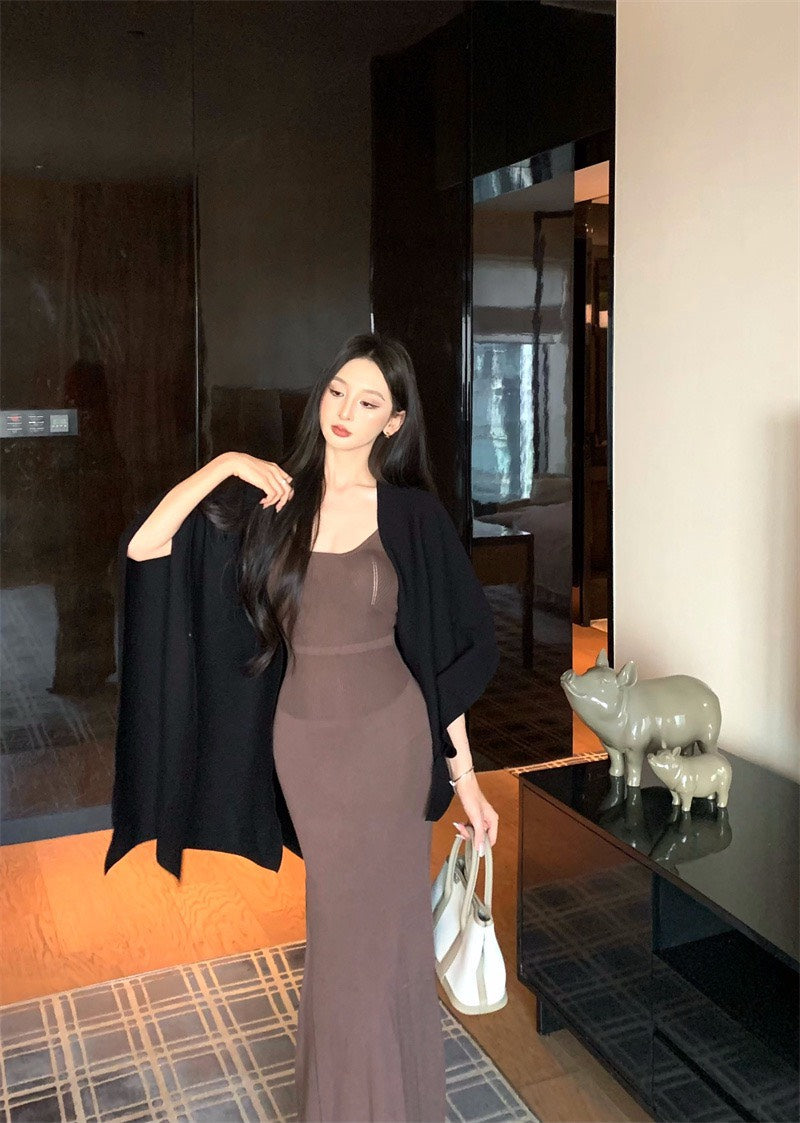 25Nov. 秋冬公式修身針織背心連身裙 黑色百搭開衫